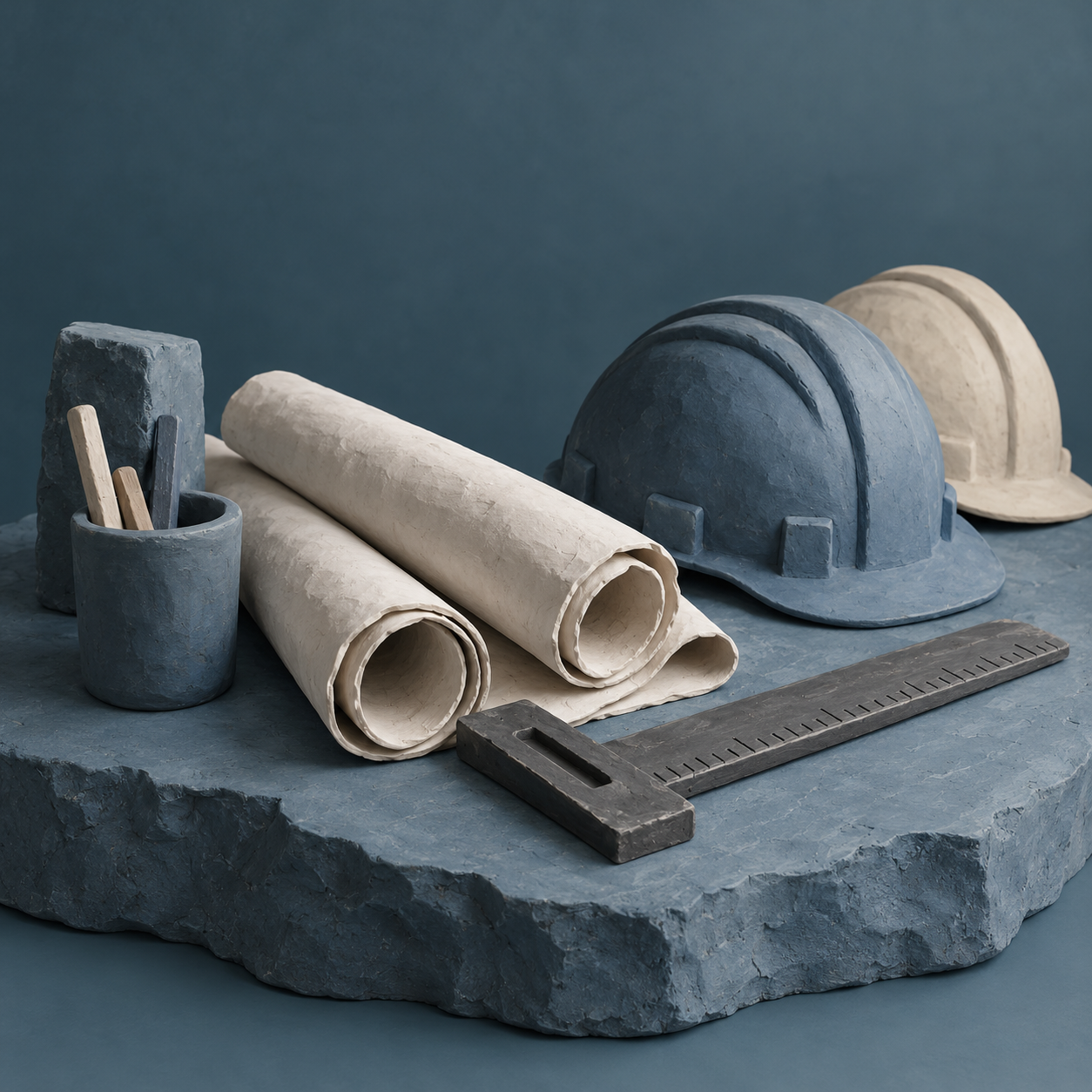 Illustration of small construction workshop: rolled blank plans, a measuring square, hard hats
