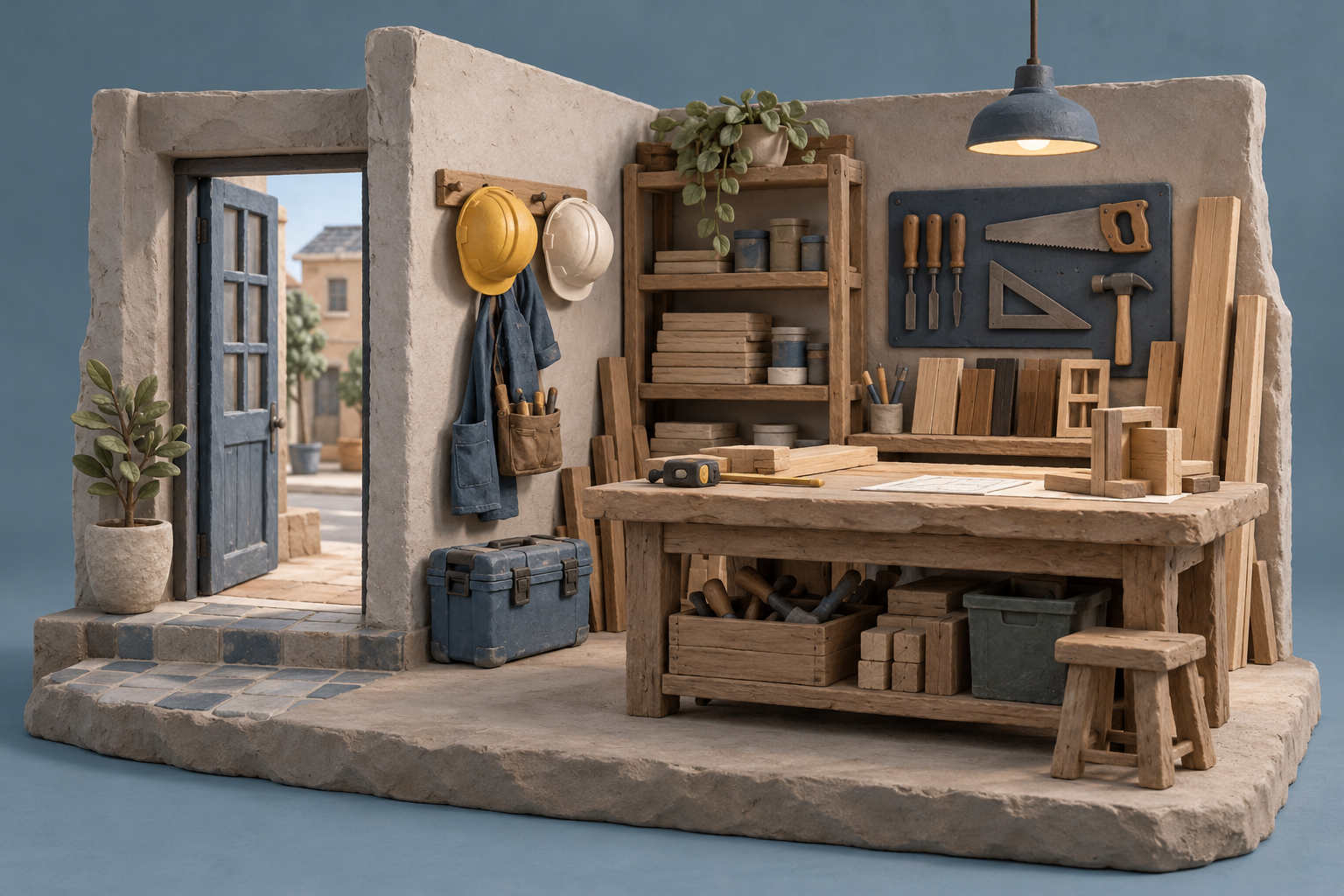 Illustration of small construction workshop: hard hats, joinery samples, an organized site bench
