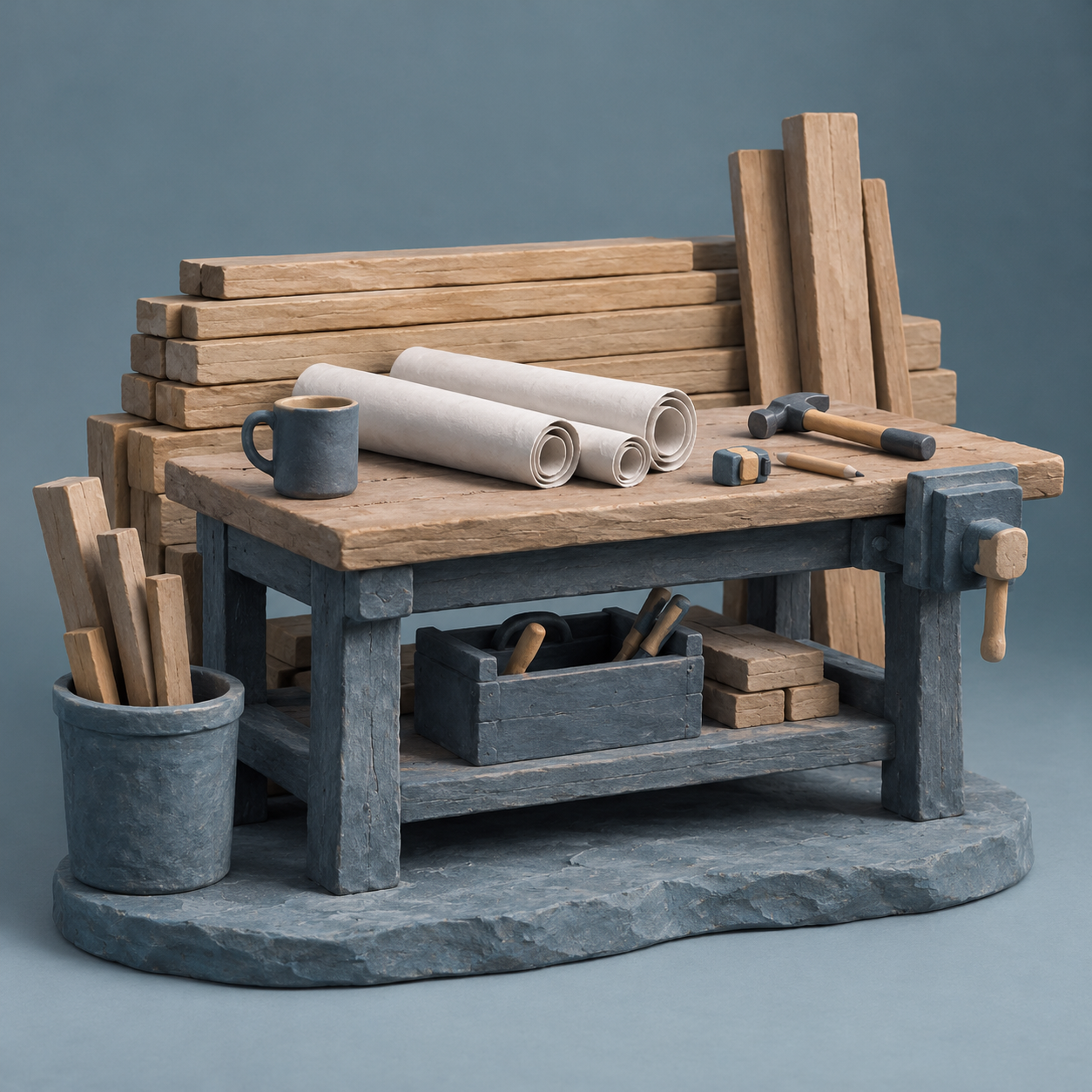 Illustration of small construction workshop: an organized site bench, stacked timber, rolled blank plans
